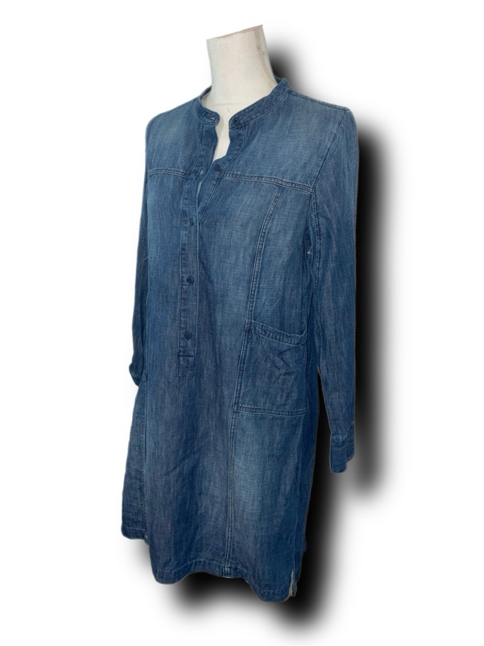 Madewell Denim Button-Front Tunic Dress in Medium Blue with Mandarin Collar - Picture 2 of 5